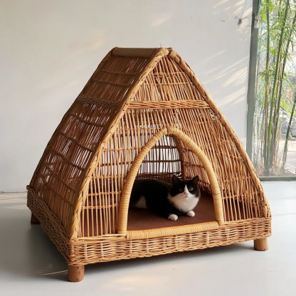 Pet bed, wicker dog bed, cat bed, American-style retro solid wood animal house furniture, Teddy Bichon Frise dog mattress - Image 3