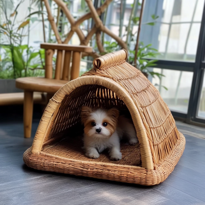 Pet bed, wicker dog bed, cat bed, American-style retro solid wood animal house furniture, Teddy Bichon Frise dog mattress - Image 2