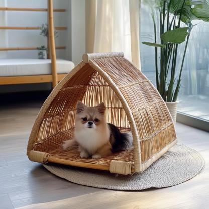 Pet bed, wicker dog bed, cat bed, American-style retro solid wood animal house furniture, Teddy Bichon Frise dog mattress - Image 2