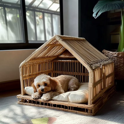 Pet bed, wicker dog bed, cat bed, American-style retro solid wood animal house furniture, Teddy Bichon Frise dog mattress - Image 2
