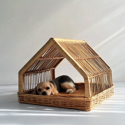 Pet bed, wicker dog bed, cat bed, American-style retro solid wood animal house furniture, Teddy Bichon Frise dog mattress - Image 2