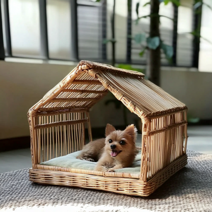 Pet bed, wicker dog bed, cat bed, American-style retro solid wood animal house furniture, Teddy Bichon Frise dog mattress - Image 2