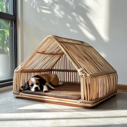 Pet bed, wicker dog bed, cat bed, American-style retro solid wood animal house furniture, Teddy Bichon Frise dog mattress - Image 3