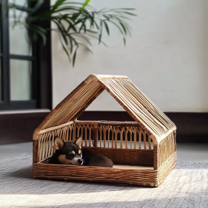 Pet bed, wicker dog bed, cat bed, American-style retro solid wood animal house furniture, Teddy Bichon Frise dog mattress - Image 2