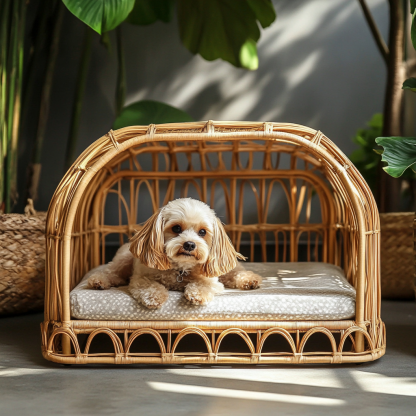 Pet bed, wicker dog bed, cat bed, American-style retro solid wood animal house furniture, Teddy Bichon Frise dog mattress - Image 3