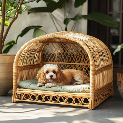 Pet bed, wicker dog bed, cat bed, American-style retro solid wood animal house furniture, Teddy Bichon Frise dog mattress - Image 2