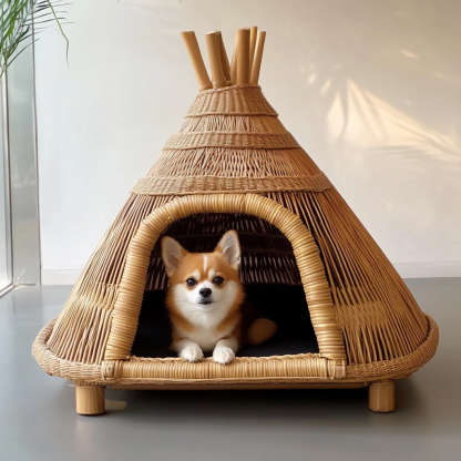 Pet bed, wicker dog bed, cat bed, American-style retro solid wood animal house furniture, Teddy Bichon Frise dog mattress - Image 2