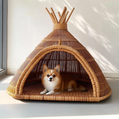Pet bed, wicker dog bed, cat bed, American-style retro solid wood animal house furniture, Teddy Bichon Frise dog mattress - Image 2