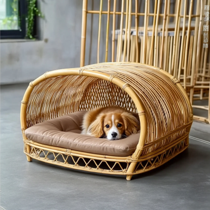 Pet bed, wicker dog bed, cat bed, American-style retro solid wood animal house furniture, Teddy Bichon Frise dog mattress - Image 2