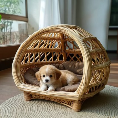 Pet bed, wicker dog bed, cat bed, American-style retro solid wood animal house furniture, Teddy Bichon Frise dog mattress - Image 4