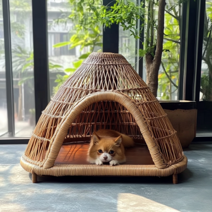 Pet bed, wicker dog bed, cat bed, American-style retro solid wood animal house furniture, Teddy Bichon Frise dog mattress - Image 3