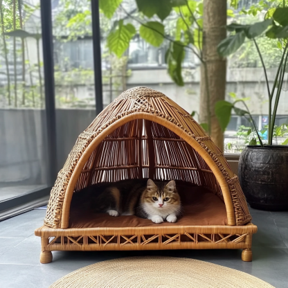 Pet bed, wicker dog bed, cat bed, American-style retro solid wood animal house furniture, Teddy Bichon Frise dog mattress - Image 2