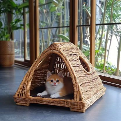 Pet bed, wicker dog bed, cat bed, American-style retro solid wood animal house furniture, Teddy Bichon Frise dog mattress - Image 3