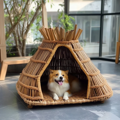 Pet bed, wicker dog bed, cat bed, American-style retro solid wood animal house furniture, Teddy Bichon Frise dog mattress - Image 2
