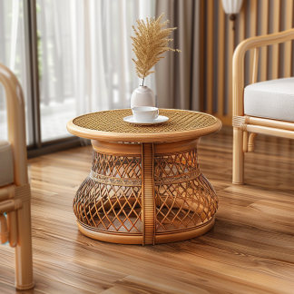 Next to the rattan sofa in the retro homestay, there is a small-sized designer's solid wood table in the living room