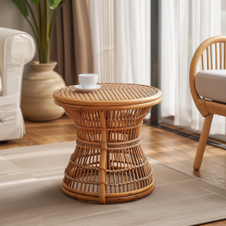 Wabi-retro French entrance, living room, home homestay, hotel, coffee table, table decoration, creative tea table and round stool against the wall