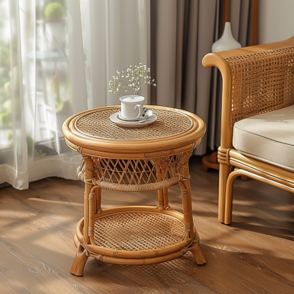 10 Wabi-sabi style rattan-woven living room, small apartment round coffee table, outdoor picnic table, popular homestay bamboo woven low table - Image 7