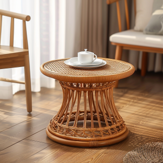 Next to the rattan sofa in the retro homestay, there is a small-sized designer's solid wood table in the living room