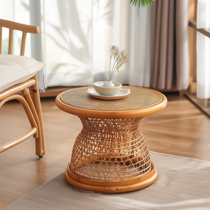 10 Wabi-sabi style rattan-woven living room, small apartment round coffee table, outdoor picnic table, popular homestay bamboo woven low table - Image 3