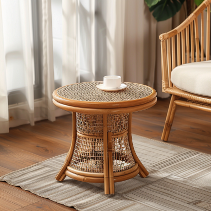 10 Wabi-sabi style rattan-woven living room, small apartment round coffee table, outdoor picnic table, popular homestay bamboo woven low table - Image 2