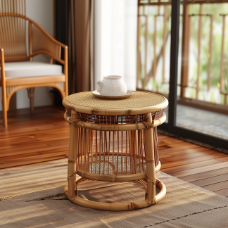 Wabi-retro French entrance, living room, home homestay, hotel, coffee table, table decoration, creative tea table and round stool against the wall