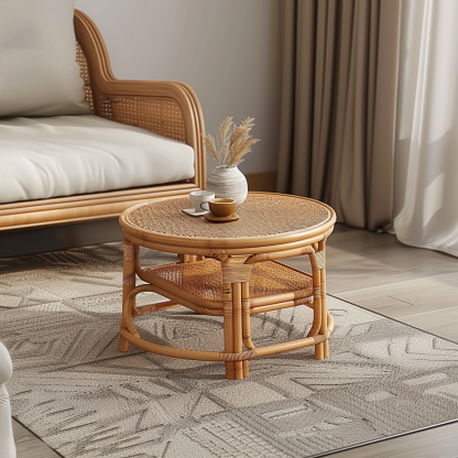 Round stool, wicker, round, retro designer, wabi-sabi style decoration, small table, small apartment, old and ancient style, new Chinese style - Image 9