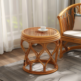 Next to the rattan sofa in the retro homestay, there is a small-sized designer's solid wood table in the living room