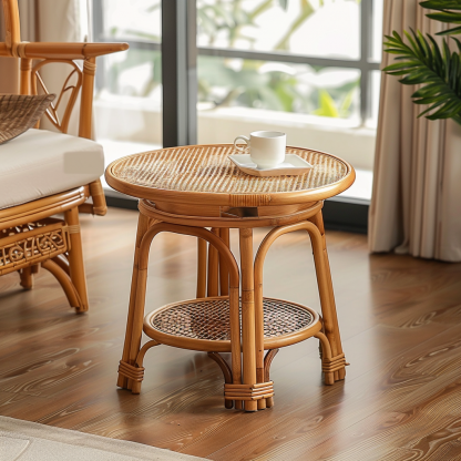 10 Wabi-sabi style rattan-woven living room, small apartment round coffee table, outdoor picnic table, popular homestay bamboo woven low table - Image 4