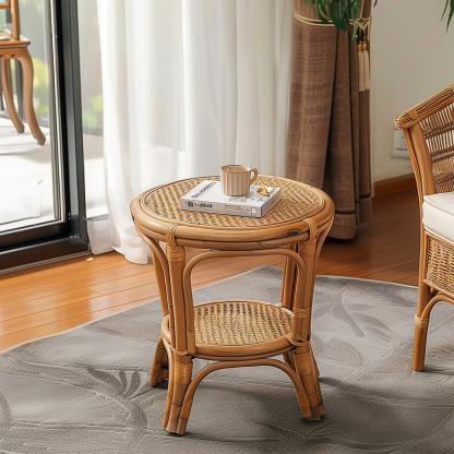 10 Wabi-sabi style rattan-woven living room, small apartment round coffee table, outdoor picnic table, popular homestay bamboo woven low table - Image 2