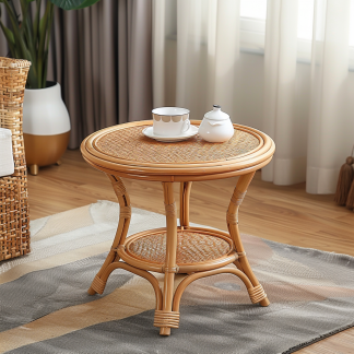 Next to the rattan sofa in the retro homestay, there is a small-sized designer's solid wood table in the living room