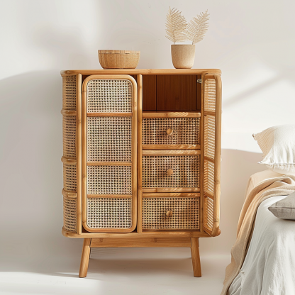 Wabi-sabi style wicker sideboard, living room, home, homestay, hotel, coffee table, table decoration, creative tea table and round stool against the wall - Image 7