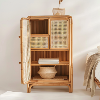 Wabi-sabi style wicker sideboard, living room, home, homestay, hotel, coffee table, table decoration, creative tea table and round stool against the wall