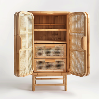 Wabi-sabi style wicker sideboard, living room, home, homestay, hotel, coffee table, table decoration, creative tea table and round stool against the wall