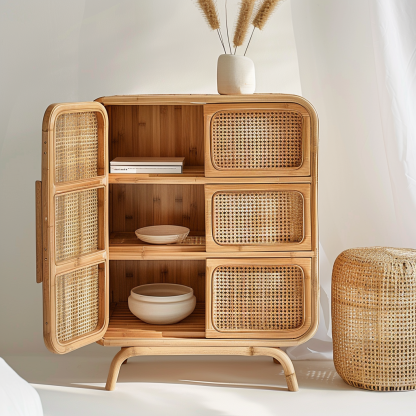 Simple Japanese-style wicker cabinet doors, household storage cabinets with double doors, entrance storage cabinets, and entrance cabinets made of Nordic solid wood - Image 6
