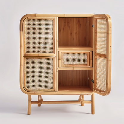 Wabi-sabi style wicker sideboard, living room, home, homestay, hotel, coffee table, table decoration, creative tea table and round stool against the wall - Image 9