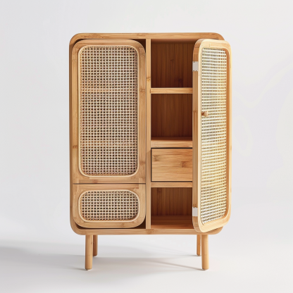 Wabi-sabi style wicker sideboard, living room, home, homestay, hotel, coffee table, table decoration, creative tea table and round stool against the wall - Image 2