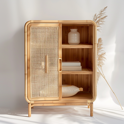 Simple Japanese-style wicker cabinet doors, household storage cabinets with double doors, entrance storage cabinets, and entrance cabinets made of Nordic solid wood - Image 4
