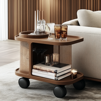 Chinese-style living room storage rack, floor-standing movable wheeled snack storage rack, storage shelf