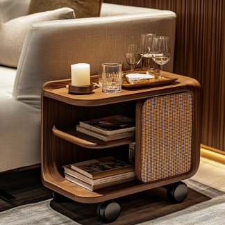 Wabi-sabi style solid wood wicker trolley, living room household mobile side table, sofa side cabinet, shelf