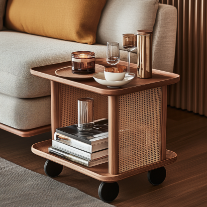 Wabi-sabi style solid wood wicker trolley, living room household mobile side table, sofa side cabinet, shelf - Image 4