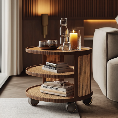 Wabi-sabi style solid wood wicker trolley, living room household mobile side table, sofa side cabinet, shelf - Image 3