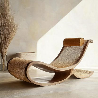 Wabi-sabi style solid wood rattan rocking chair, a modern and simple Japanese wabi-sabi style retro solid wood rattan rocking chair - Image 8