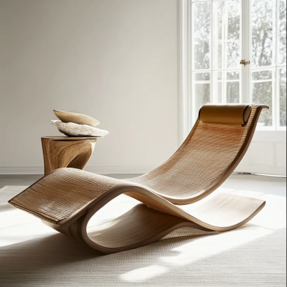 Wabi-sabi style solid wood rattan rocking chair, a modern and simple Japanese wabi-sabi style retro solid wood rattan rocking chair - Image 9