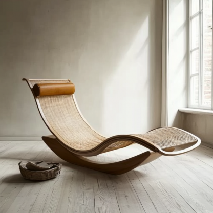 Wabi-sabi style solid wood rattan rocking chair, a modern and simple Japanese wabi-sabi style retro solid wood rattan rocking chair - Image 9