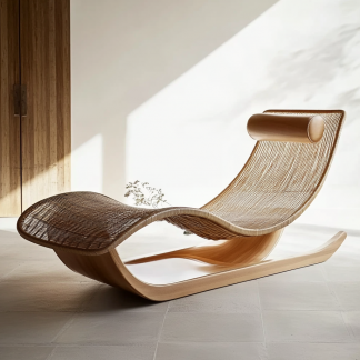 Wabi-sabi style solid wood rattan rocking chair, a modern and simple Japanese wabi-sabi style retro solid wood rattan rocking chair