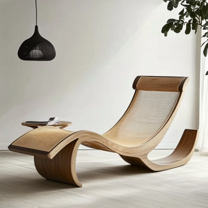 Wabi-sabi style solid wood rattan rocking chair, a modern and simple Japanese wabi-sabi style retro solid wood rattan rocking chair - Image 3