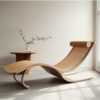 Wabi-sabi style solid wood rattan rocking chair, a modern and simple Japanese wabi-sabi style retro solid wood rattan rocking chair - Image 3
