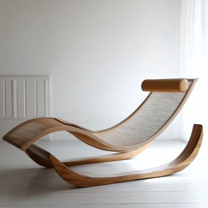 Wabi-sabi style rocking chair, solid wood rattan woven outdoor leisure lounge chair, waterproof and sun-proof hotel rattan chair - Image 5