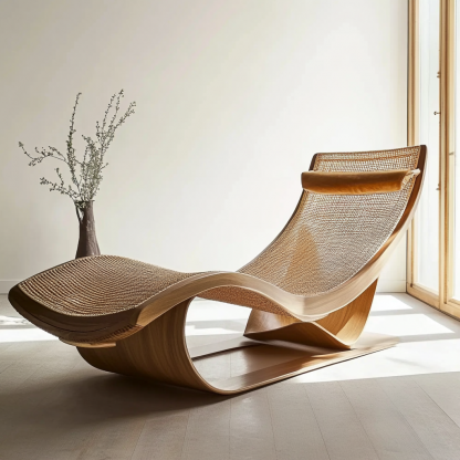 Wabi-sabi style rocking chair, solid wood rattan woven outdoor leisure lounge chair, waterproof and sun-proof hotel rattan chair - Image 4