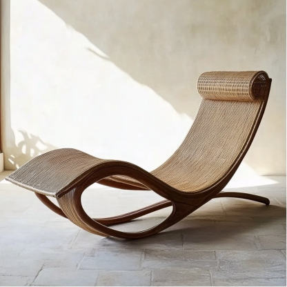 Wabi-sabi style solid wood rattan rocking chair, a modern and simple Japanese wabi-sabi style retro solid wood rattan rocking chair - Image 9